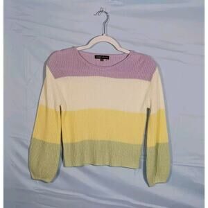 Love Ellie Women's Medium Purple White Yellow Green Striped Long Sleeve Sweater
